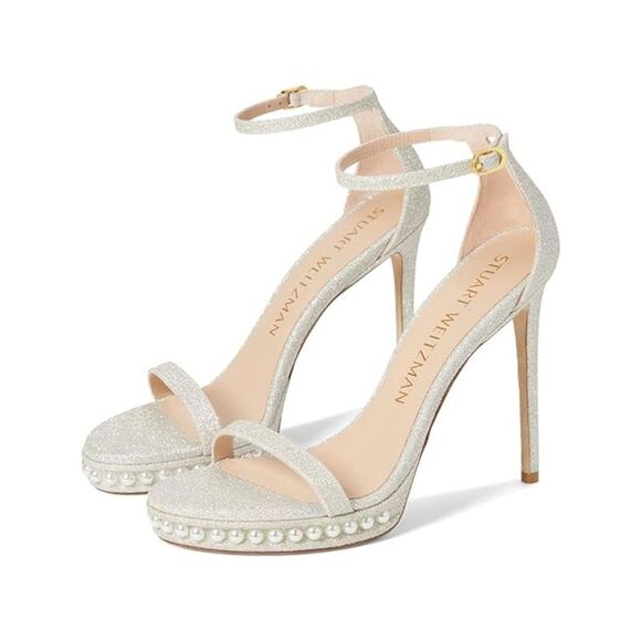 STUART WEITZMAN Womens Silver Faux Pearl Disco Stiletto Heeled Sandal 7.5 M - Picture 1 of 4